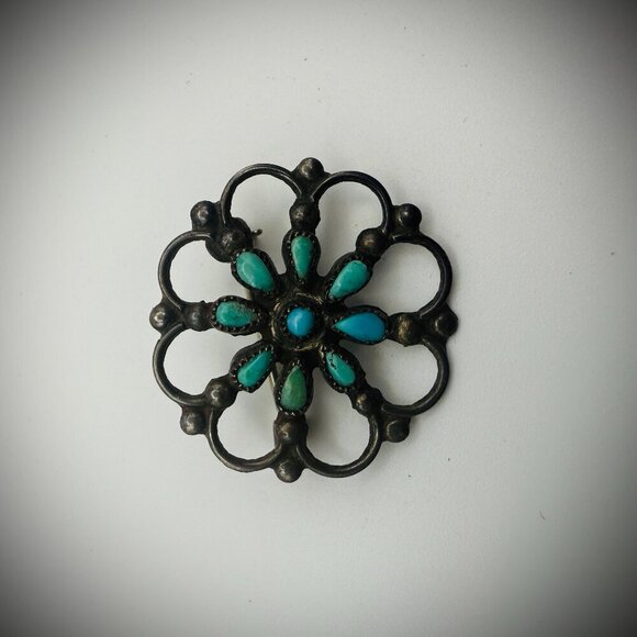 Jewelry - Vintage Sterling Silver Turquoise Cluster Brooch